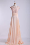 Scoop Prom Dresses A Line Chiffon With Applique And Ruffles Sweep Train