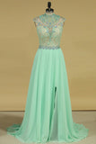 A Line High Neck Prom Dresses Chiffon With Beads And Applique Open Back