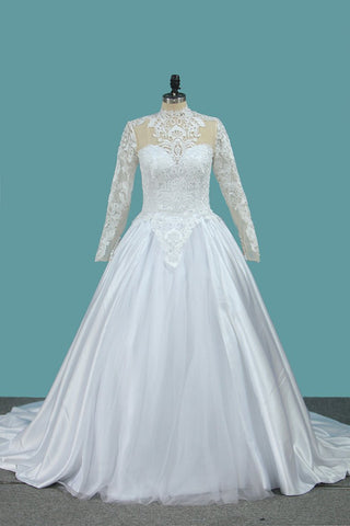 A Line Long Sleeves High Neck Tulle With Applique Chapel Train Detachable Wedding Dresses