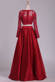 Long Sleeves Two-Piece Bateau Prom Dresses Floor Length Satin