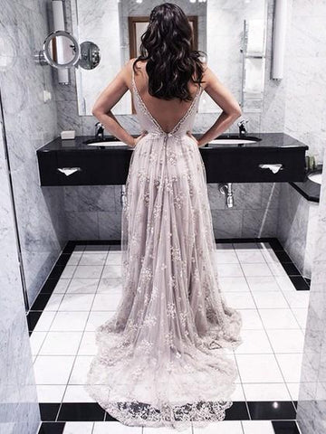 Lace Backless Long Light Purple Spaghetti Straps V-Neck A-Line Sleeveless Prom Dresses JS826