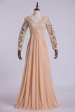 Best Selling Prom Dresses Long Sleeves A Line V Neck Chiffon