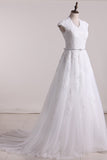 A Line V Neck With Applique Wedding Dresses Tulle Court Train