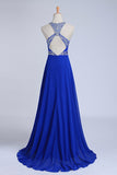 Halter A-Line/Princess Dark Royal Blue Prom Dresses Tulle And Chiffon Sweep Train