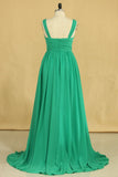 V Neck A Line Plus Size Prom Dresses Chiffon Sweep Train With Ruffles & Beads