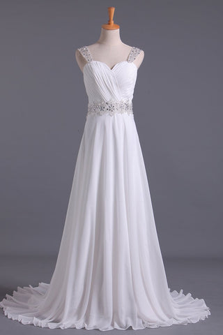 White Wedding Dress Sweetheart A Line Pleated Bodice With Detachable Straps Beaded Chiffon