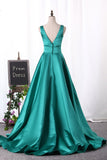 V Neck Evening Dresses A Line Satin Sweep Train Open Back