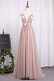 Prom Dresses Spaghetti Straps Tulle With Applique And Handmade Flower