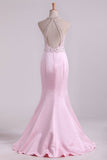 Halter Floor Length Mermaid Prom Dresses Open Back Satin With Beads & Rhinestones