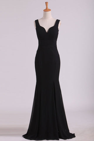 Straps Bridesmaid Dresses Mermaid With Slit Chiffon Black