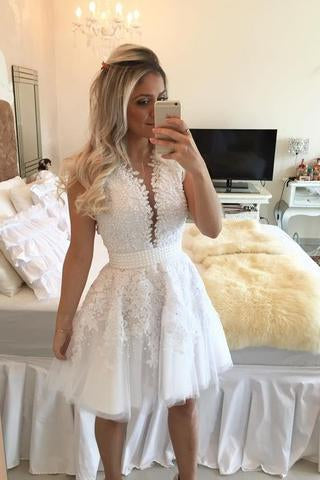 A-line Hot-selling Deep V-Neck White Lace Short Homecoming Dresses JS468