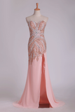 New Arrival Beaded Bodice Chiffon With Slit Sheath Sweep Train Prom Dresses