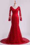 Red V-Neck Evening Dresses Mermaid With Applique Lace And Tulle