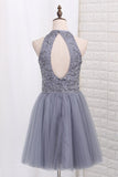 A Line Homecoming Dresses Halter Tulle Beaded Bodice Short/Mini