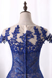 Dark Royal Blue Evening Dress Scoop Cap Sleeves See-Through Lace With Applique A Line