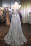 A Line Grey Tulle Beads 3D Flowers Round Neck Long Prom Dresses with Belt SJS15000