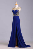 Scoop Neckline Column Beaded Bodice Prom Dresses With Court Train & Slit