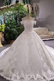 Luxurious Satin Wedding Dresses Lace Up Boat Neck With Appliques And Sequins