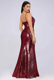 Sexy Spaghetti Straps Burgundy Sequins V Neck Party Dresses Mermaid Prom Dresses SJS15358