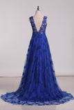 A Line V Neck Lace Sweep Train Prom Dresses