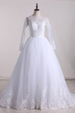 A Line Scoop Long Sleeves Tulle With Applique And Sash Wedding Dresses