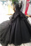 Gorgeous Black Ball Gown Wedding Dress With Cap Sleeves, Long Bridal Dress With Beads