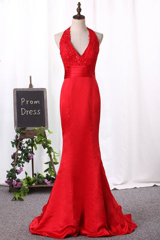 Prom Dresses Halter Mermaid With Beading And Ruffles Sweep/Brush Train