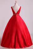 Hot Red Satin Prom Dresses Straps Floor Length Beaded Bodice A Line