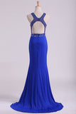 Open Back Prom Dresses Scoop Spandex With Beading And Slit Sweep Train