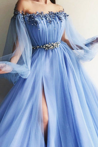 Newest Long Beading Lace Tulle A-Line Blue Prom Dresses Evening Dresses