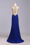 Scoop Neckline Column Beaded Bodice Prom Dresses With Court Train & Slit