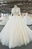 Ball Gown Wedding Dresses High Neck Long Sleeves Royal Train Tulle With Beading