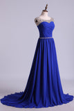 Scoop Prom Dresses A Line Pleated Bodice Chiffon With Beads Dark Royal Blue