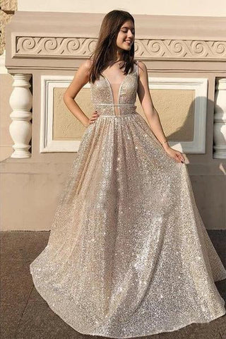 Modest Sparkly A Line Champagne V Neck Long Prom Dresses, Evening Dresses SJS15269