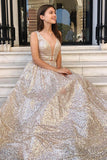 Modest Sparkly A Line Champagne V Neck Long Prom Dresses, Evening Dresses SJS15269