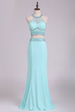 Two-Piece Halter Beaded Bodice Open Back Prom Dresses Spandex Sheath