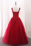 A Line Tulle Straps Prom Dresses With Applique And Beads Floor Length