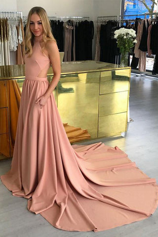 Sexy Open Back High Neck A Line Satin Court Train Evening Dresses