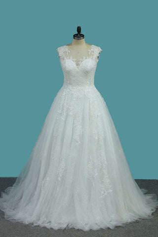 Scoop Tulle & Lace A Line With Applique Sweep Train Wedding Dresses