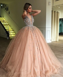 Beaded Tulle Deep Illusion V Neck Ball Gown Prom Dress Floor Length