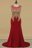 Plus Size Prom Dresses Scoop Mermaid Spandex With Applique Sleeveless Burgundy/Maroon