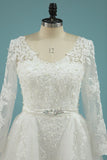 Wedding Dresses V Neck Sheath With Applique Long Sleeves Detachable Train