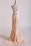 High Neck Prom Dresses Sheath Lace & Spandex Sweep Train