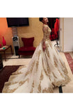 Prom Dresses V Neck Long Sleeves Tulle With Applique And Beads Court Train