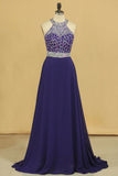 Halter Beaded Bodice Open Back Prom Dresses A Line Chiffon Sweep Train