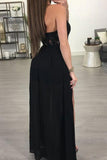 Sexy Black Long Prom Dresses With Appliques Slit Dresses