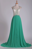 Prom Dresses A Line V Neck Chiffon With Beading Open Back