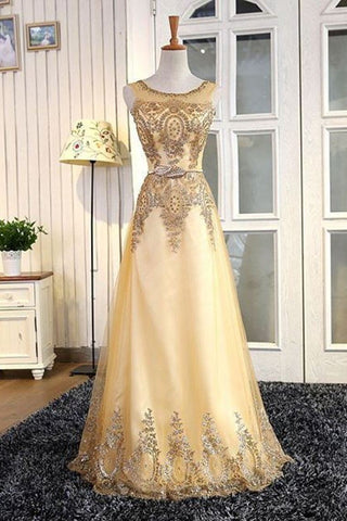 Shiny Prom Dresses A-Line Scoop Floor-Length Tulle With Applique And Beadings