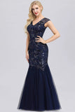 Elegant V-Neck Beaded Bodycon Mermaid Prom Dresses Straps Evening Gowns SJS15215