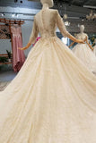 Lace Wedding Dresses Scoop 3/4 Sleeves Lace Up Back Royal Train